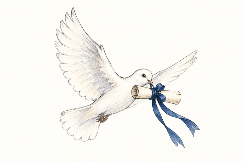 A dove with a scroll tied with a blue ribbon.